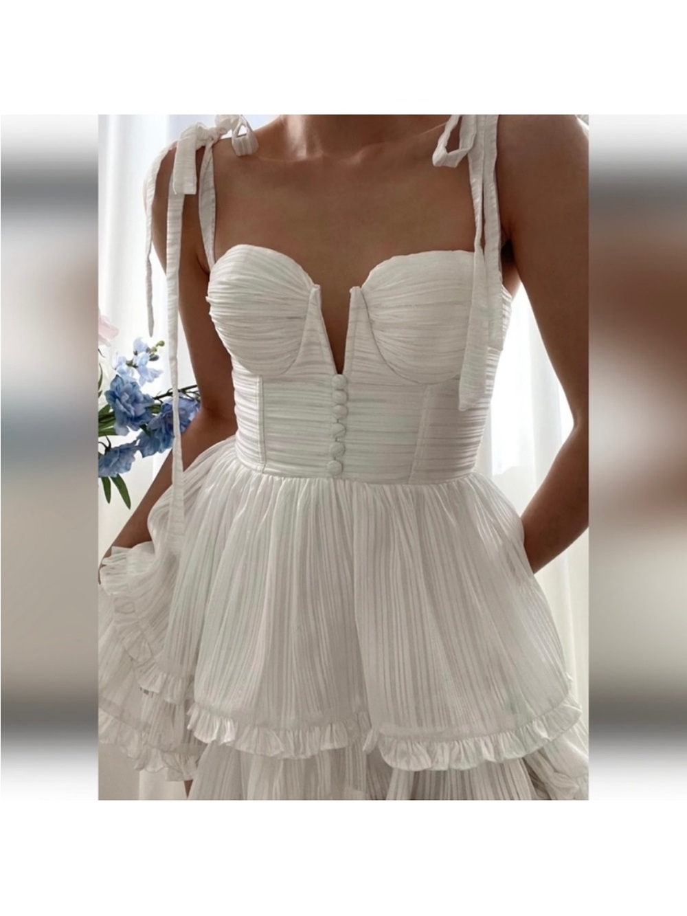 Adeirlina Ruched White Tie-Shoulder Pleated Mini Dress